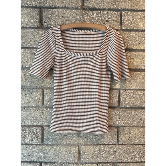 Faherty Womens XS Brown & White Striped Ribbed Knit Square Neck Top - Picture 1 of 6